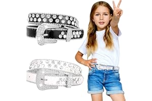 Xtinmee 2 Pcs Kids Rhinestone Belt Girls Western Cowboy Belt with Bling Diamond Studded and Sequin Leather