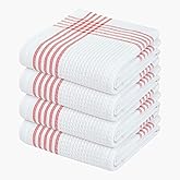 Softopia Cotton Waffle White & Red Kitchen Dish Towels, Set of 4, 100% Cotton 16x26 inches, Absorbent Tea Towel, Multi-Purpose Hand Cleaning Towel, Strong and Reusable Dish Cloths for Drying Dishes