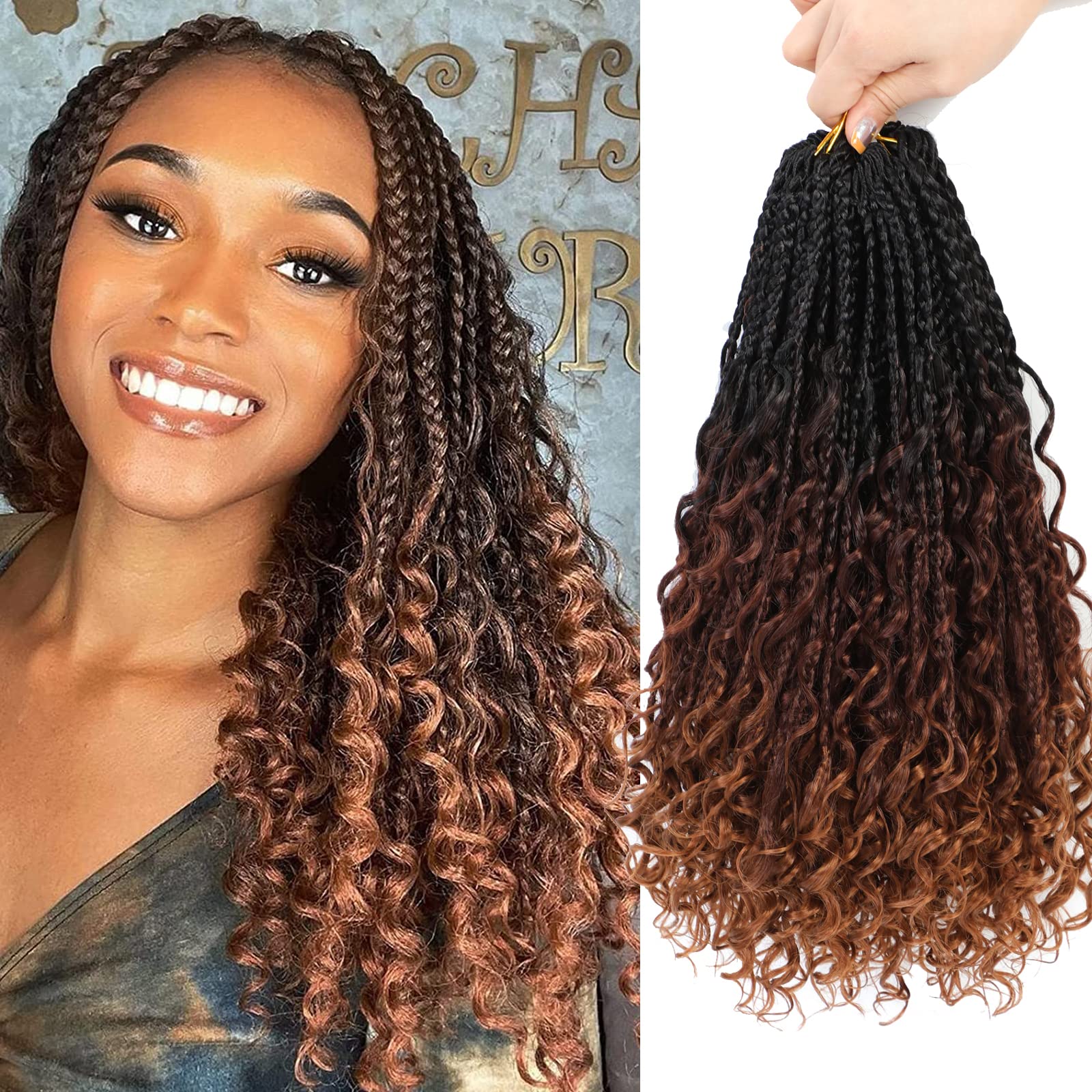 Crochet Braids Hair Extensions 8 Packs 14 Inch Pre-Looped Crochet Hair Extensions for Black Women Boho Braids with Curly Ends Goddess Braid Extensions Hair(1B/33/30#) — image 1