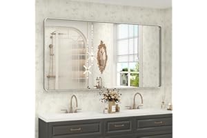 CHARMOR 60x28 Matte Bathroom Mirror for Wall, Silver Brushed Framed Bathroom Vanity Mirror, Rectangle Bathroom Nickel Mirror, Rounded Corners, Tempered Glass(Horizontal/Vertical)