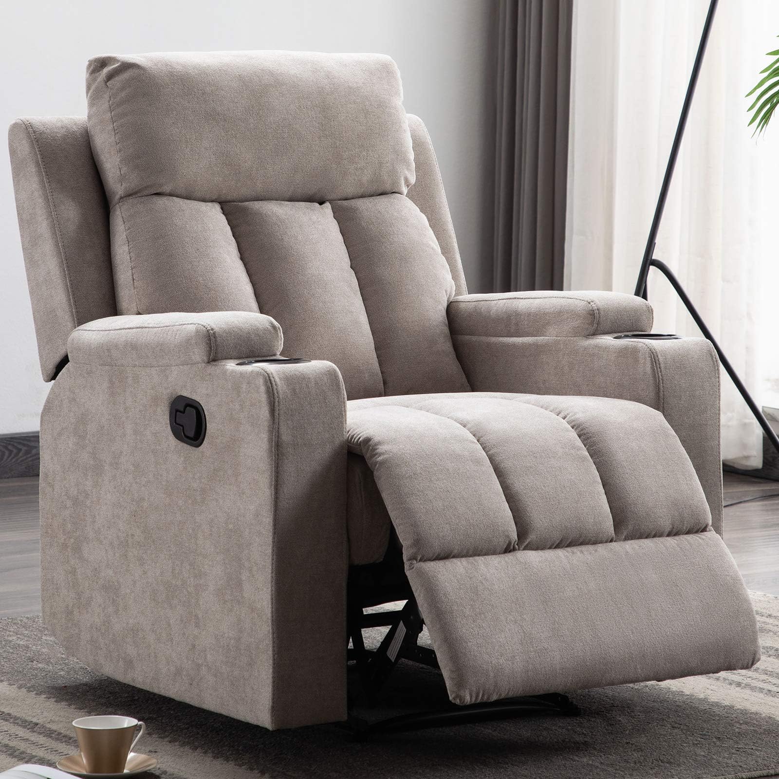 ANJ Fabric Recliner Chair with 2 Cup Holders Contemporary Theater Seating Padded Single Sofa for Living Room (Light Grey)