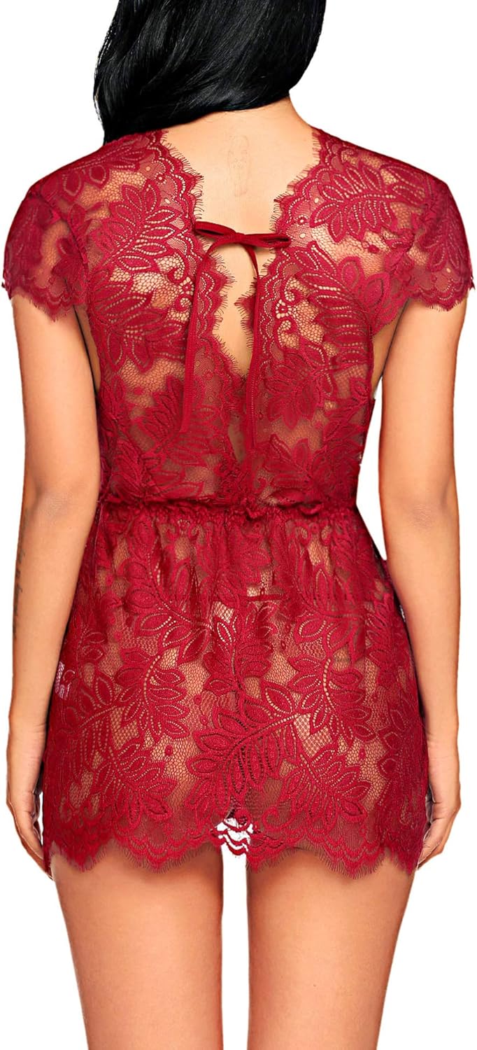 Avidlove Women Sexy Lingerie Eyelash Lace Babydoll Deep V Nightwear Mesh Sheer Chemises: Clothing