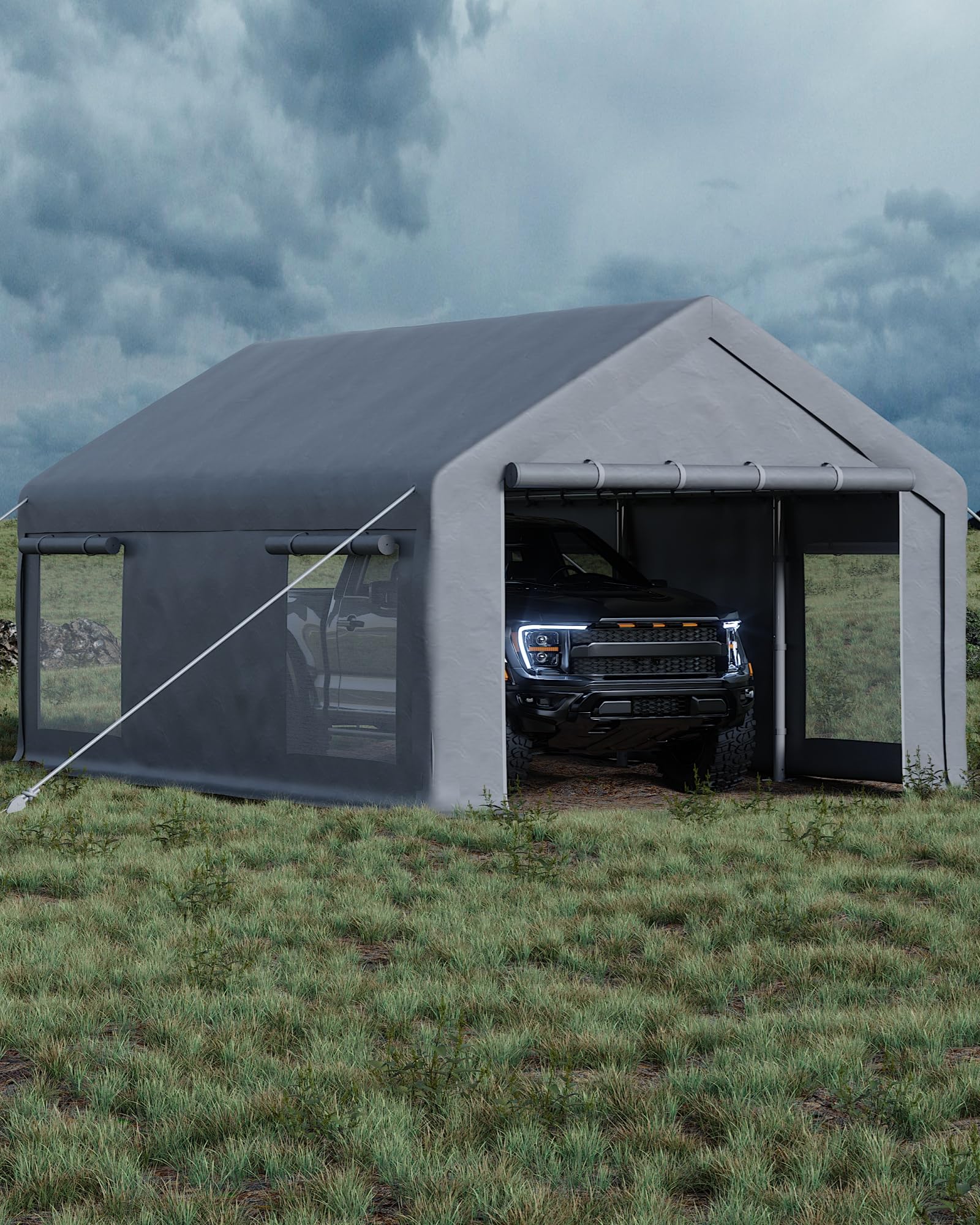 Photo 1 of GarveeLife 13x20 Ft Carport with 8 Sandbags, Car Port with 220g PE Tarp, 2 Roll-Up Doors, and 4 Windows, for Full-Size Pickups, Bass Boats, Tractors, and SUVs, Gray