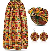 Haysandy 3 Pcs Women African Printed Maxi Skirt with Pockets Set Casual Stretch Head Wrap Scarf Drop Dangle Earrings
