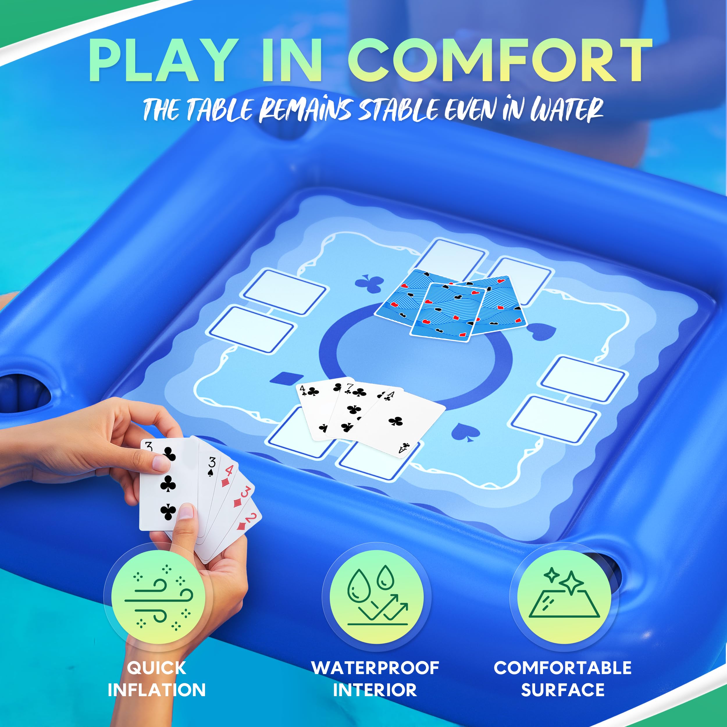 Floating Table for Pool with Cup Holders – Adult Pool Games with Waterproof Cards – Pool Float Games – Perfect for Party, Snacks, Drinks, Hot Tub & Summer Fun