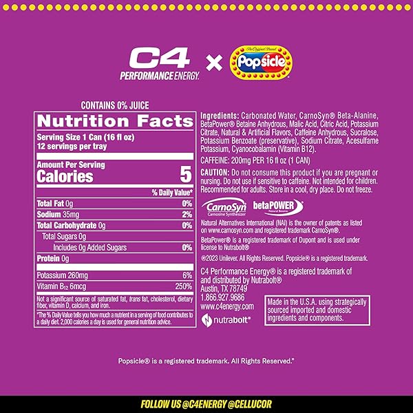 C4 PERFORMANCE ENERGY DRINK, GRAPE POPSICLE, ZERO SUGAR CARBONATED PREWORKOUT ENERGY, 200MG CAFFEINE WITH BETA ALANINE, 16 FL OZ (12 PACK)