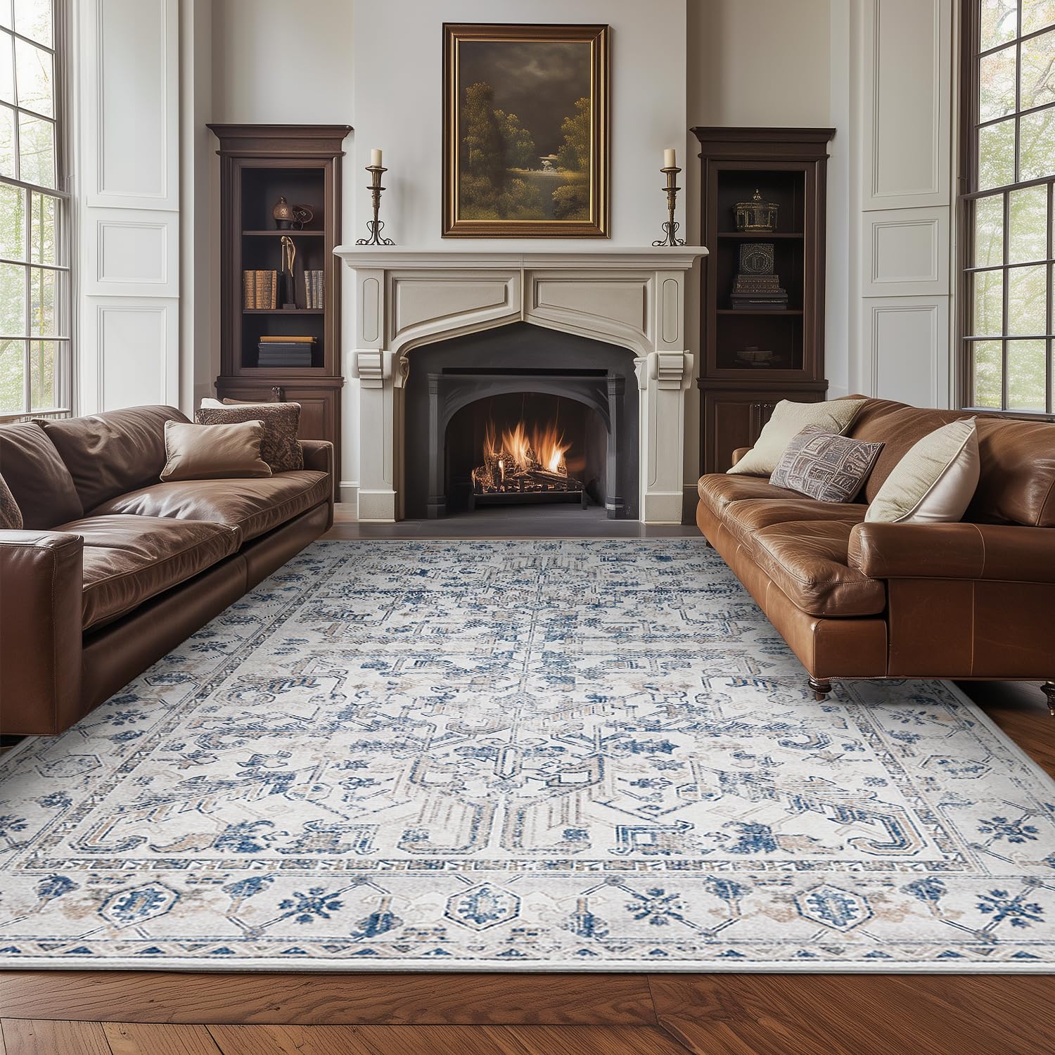 Photo 1 of jinchan 6x9 Machine Washable Area Rugs for Living Room - Vintage Floral Stain Resistant Low Pile Ultra-Thin Non Slip Accent Rug for Bedroom Kitchen Dining Room Home Office (6x9ft,Blue)