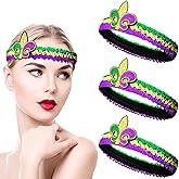 Chuangdi 3 Pieces Mardi Gras Headband Sequin Fleur De Lis Mardi Gras Accessories Fascinator Headpiece Hair or Hat Band for New Orleans Purple Yellow Gold Green Accessories for Carnival Party Costume