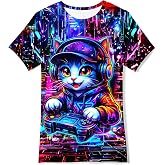 LIFAky Boys Girls Neon 3D Graphic Game T-Shirt Short Sleeve Cool Tee 7-16Y | Fun Neon Graffiti Game Prints with Cat, Dinos, Astronauts Playing Games, Stay Bright Wash After Wash
