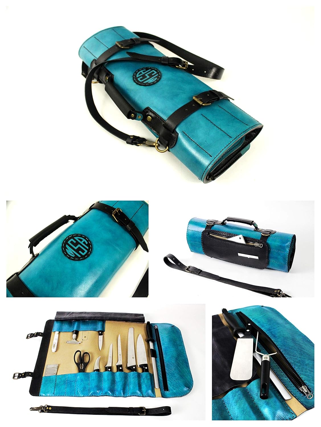 Personalized Chefs' Leather Knife Roll Up Storage Bag
