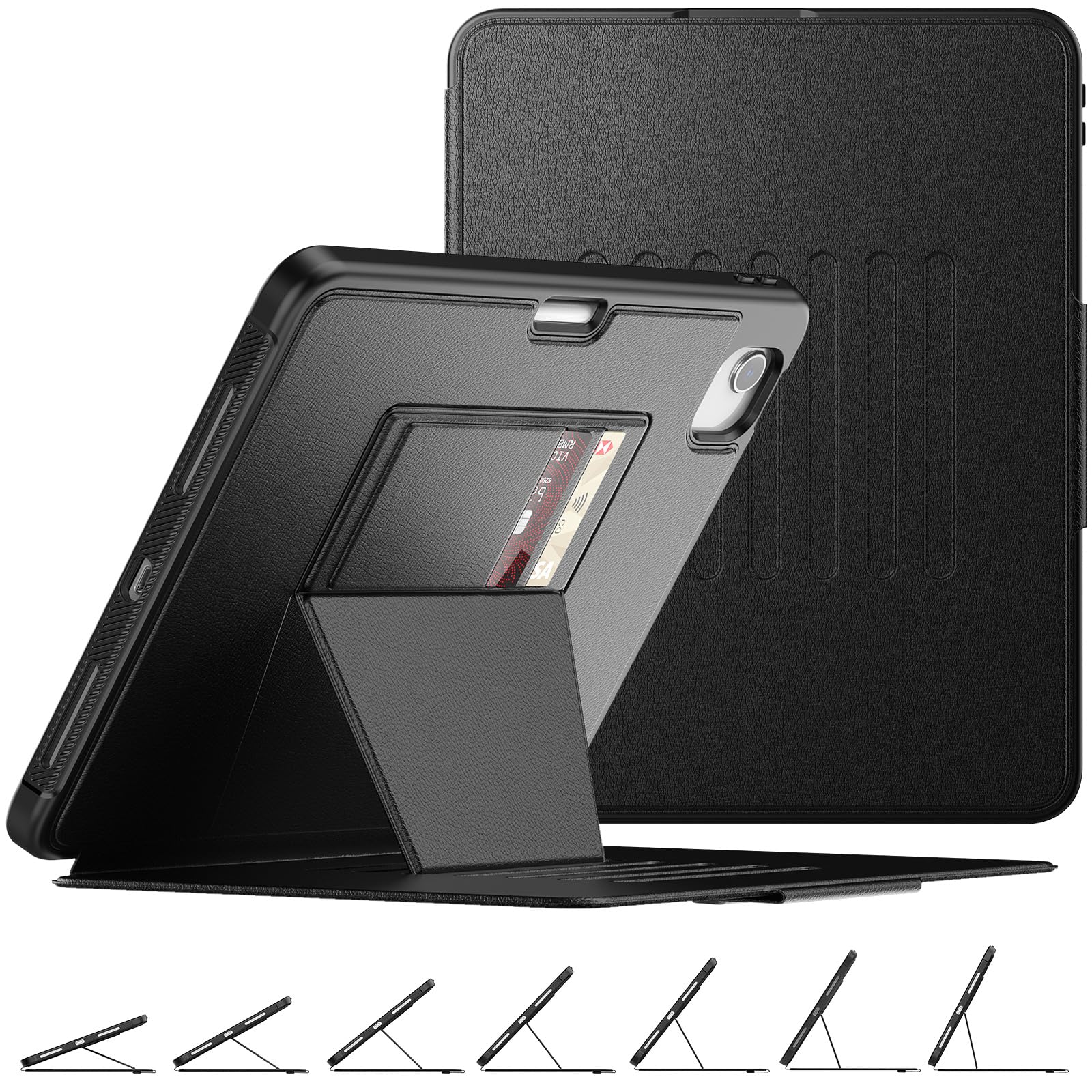 SEYMAC stock Case for iPad Air 5th/4th Generation 10.9 Inch & Pro 11'' 2022/2021/2020/2018, Sturdy Shockproof Case with Pencil Holder, Multi-angle Magnetic Stand & Card Slot, Auto Sleep/Wake, Black