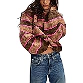Yeokou Women Stripe Pullover Sweater Turtleneck Ribbed Knit Top Casual Fall Winter Chunky Knitwear
