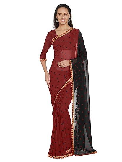 Womens Faux georgette Polka Dot Printed Saree with Border (9386)