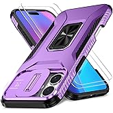 HakkTaoo Case for iPhone 16 with Slide Camera Cover+Screen Protector(2 Packs), Military Grade Shockproof Protective Cover, Rotated Ring Kickstand(A - Violet)