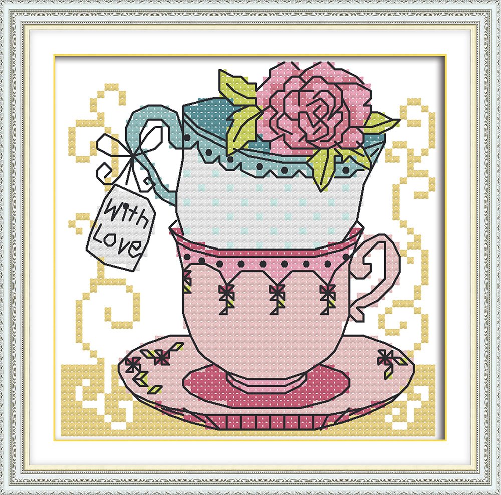 Cross Embroidery Kit 11 Carat Printed Fabric 18 x 18 cm DIY Embroidery Kit Simple Pre - Print Embroidery for Girls DMC Items Embroidery – Tea Cup