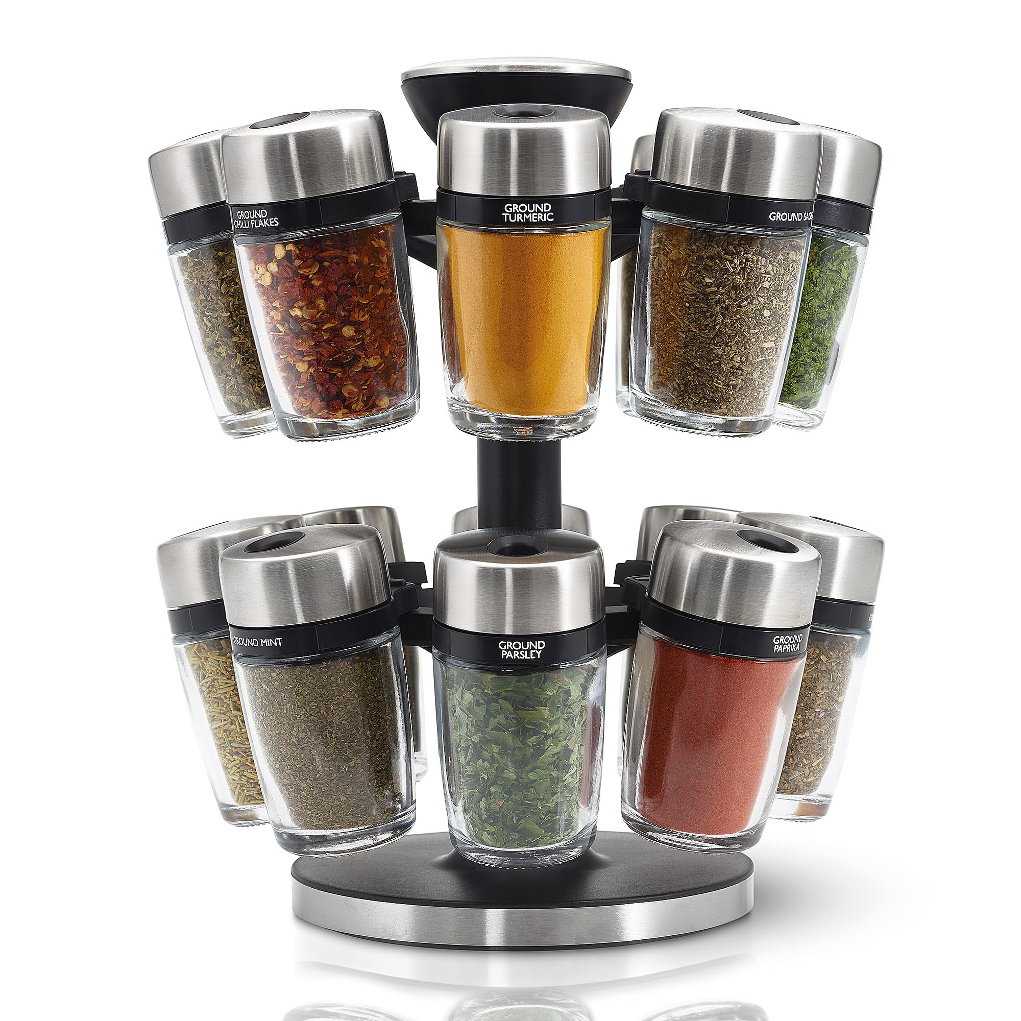 Cole & Mason H121808 Cambridge 16 Glass Spice Carousel, Rotating Spice Rack/Spice Oragniser/Spice Storage, Stainless Steel, Spice Jars with Labels, Includes Spices, Silver