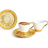 Alisveristime (Set of 2) Turkish Coffee Set with Porcelain Cups, Zamac Holders & Saucers – Selcuklu Ottoman Design, 80ml Capacity (Gold)