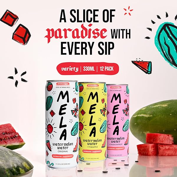 MELA WATERMELON WATER – WATERMELON JUICE, 100 PERCENT NATURAL FRUIT JUICE WITH VITAMIN C, ELECTROLYTES, ANTIOXIDANTS – COCONUT WATER ALTERNATIVE, GLUTEN-FREE (VARIETY, 11.15 FL OZ, 12-PACK)