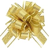 WEWILUCK Pull Bows for Gift Wrapping, Gold Glitter Bows for Birthday, Christmas, and New Year, 8 PCS 6 Inches Gift Bows with Ribbon for Any Decoration