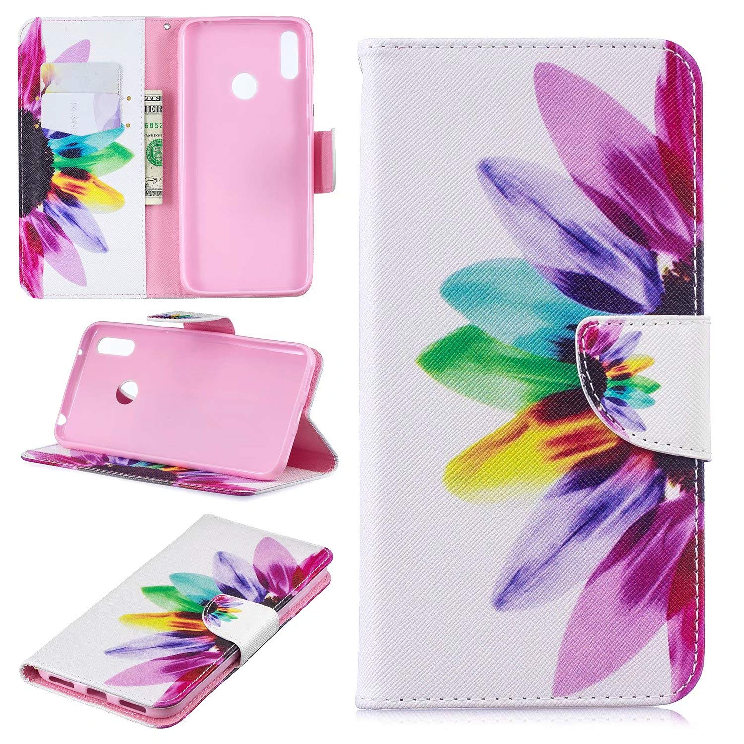 JOMA-E Shop For Huawei Y7 2019 Case[Free Screen Protector],PU Leather Wallet Phone Case Flip TPU Shockproof Shell Slim Fit Protective Cover with Stand Magnetic Closure for Huawei Y7 2019(Petal) — image 1