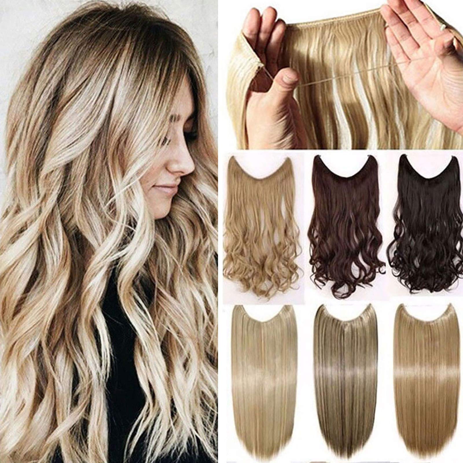 Secret Wire in Hair Extensions Straight Curly Wavy Hair Extension Long Hairpiece Blonde Brown Black Color For Women 24" Curly - Bleach blonde