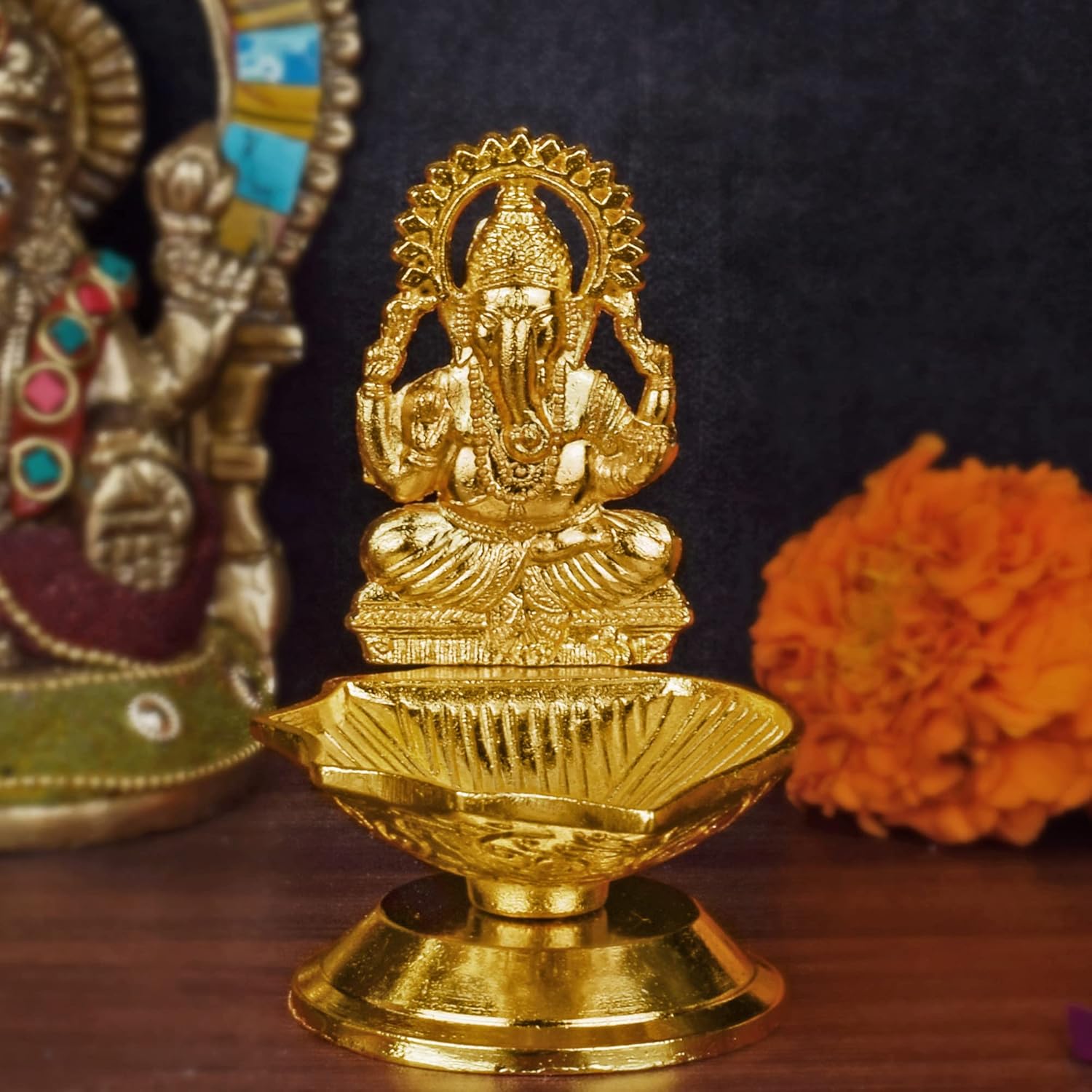Oil Lamps & Accessories - SATVIK 1 Pc Lord Ganesha Metal Diya Ganpati Bappa Ganesh Murti Idol Statue Oil Lamp Traditional Figurine Decor Home Mandir Office Indian Hindu Festival Diwali Puja Pujan Housewarming Return Gift Items