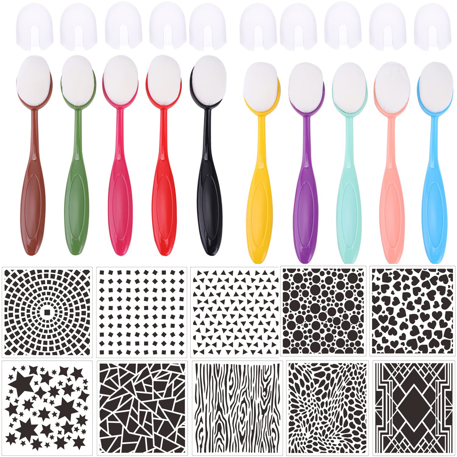 10Pcs Ink Blending Brushes Set Tool Blender Crafter Paper Crafting Background Ink Blending Brushes with 6Pcs DIY Card Making Plastic Stencils Set forCard Making for Painting,Drawing(Brush Head1.2'')