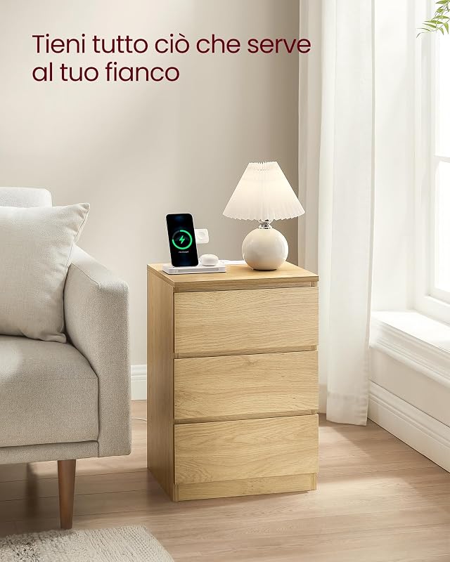 KAILYN Collezione - Comodino con Stazione di Ricarica, Set di 2, con 3 Cassetti, 2 Prese AC 2 Porte USB, per Soggiorno, Camera da Letto, Studio, Giallo Paglierino LET831Y70