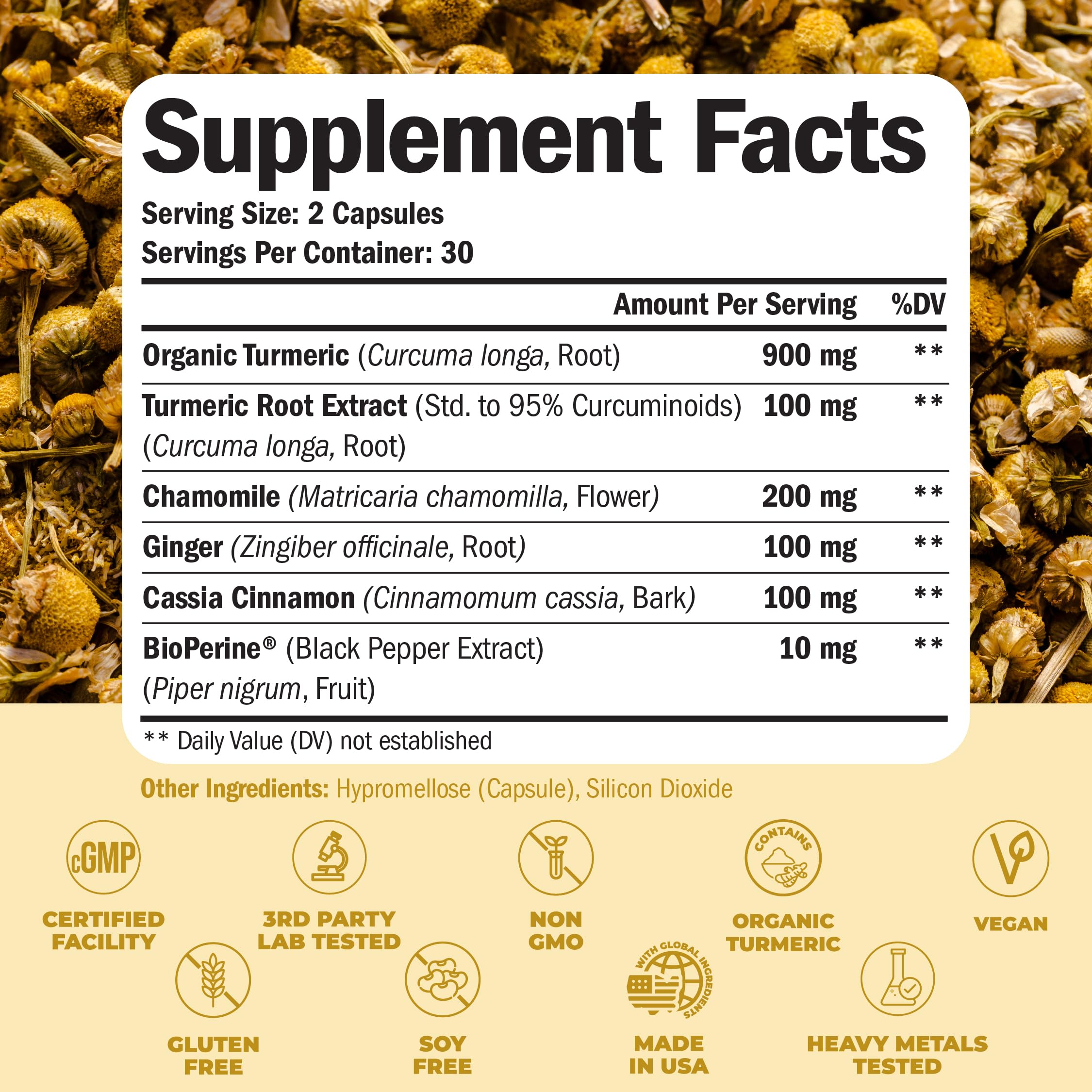 Turmeric Supplement & Chamomile Capsules for Sleep - Organic Turmeric Sleep Supplement with Chamomile Flowers Extract (Manzanilla) - Relaxation & Stress Support - Joint & Digestive Health. 60 Capsules