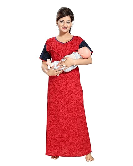 Women's Cotton Self Printed Feeding/Maternity/Nursing Nighty