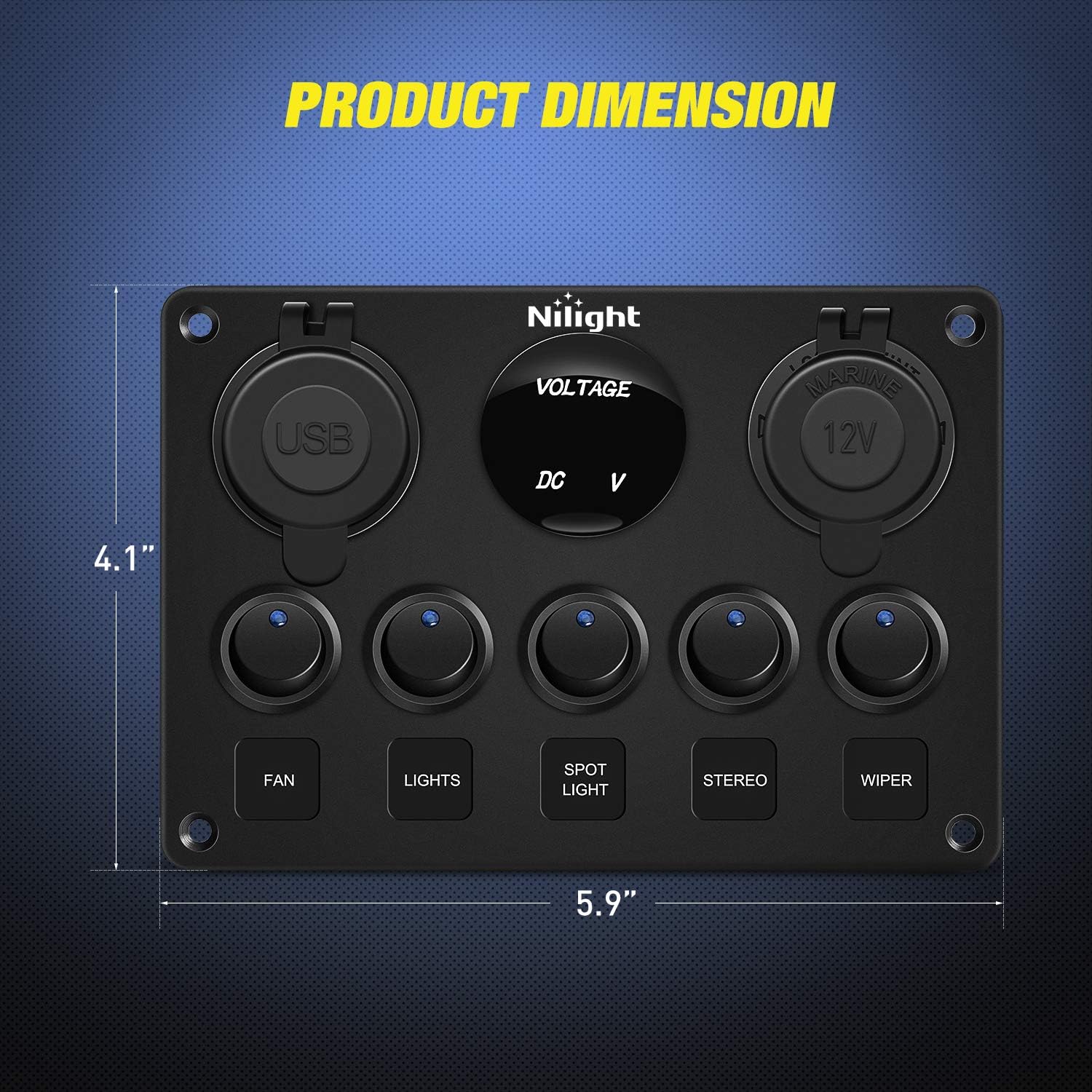 Nilight 90101E 5Gang Multi-Function 5 Gang Rocker Dual USB Charger + Digital Volmeter +12V Outlet Pre-Wired Switch Panel with Circuit Breakers for RV Car Boat Truck Trailer,2 Years Warranty: Automotive