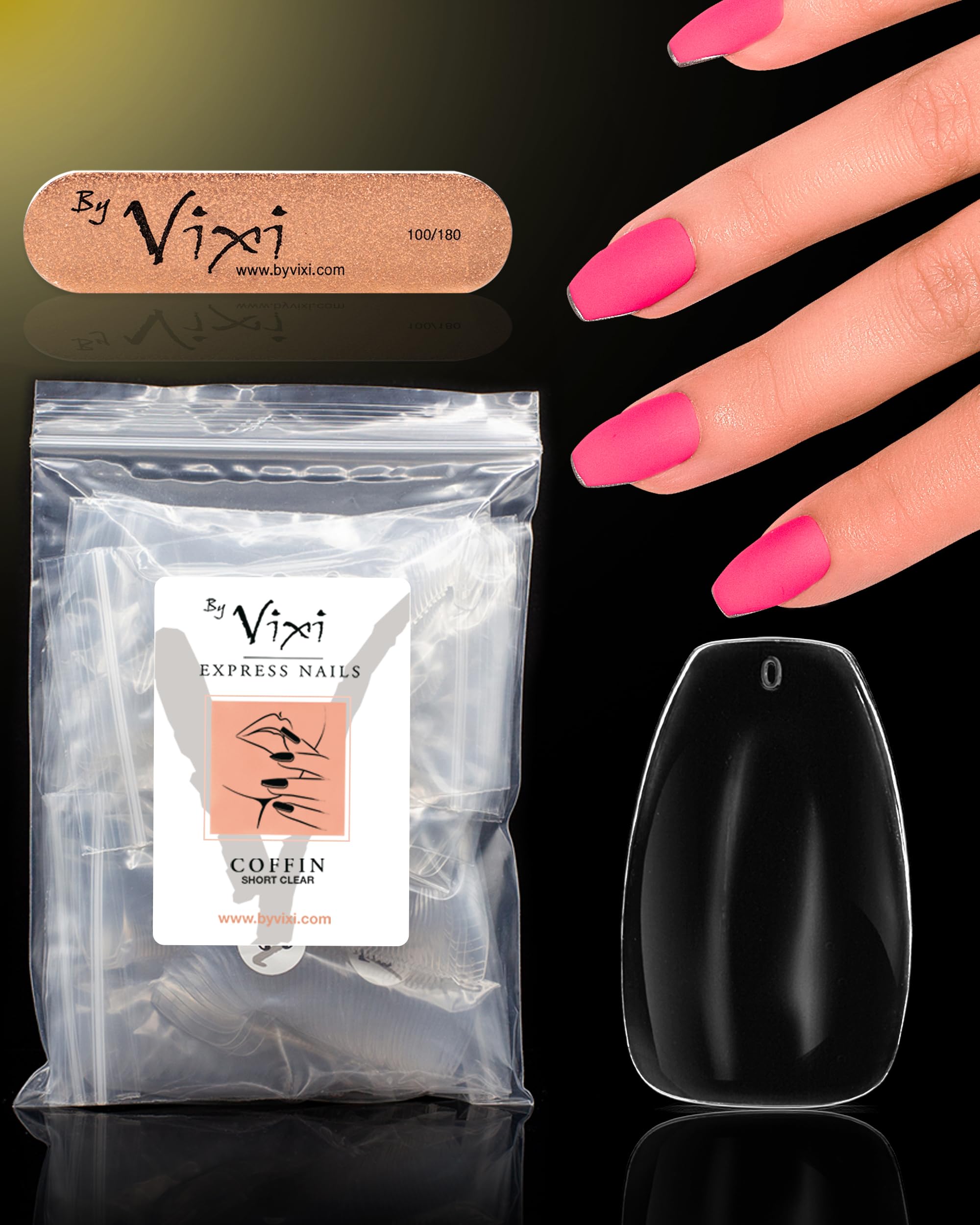 Photo 1 of By Vixi 500 SHORT COFFIN/BALLERINA NAIL SET with PREP FILE, 10 Sizes – Clear Express Full Cover False Fingernail Extensions for Salon Professionals & Home Use