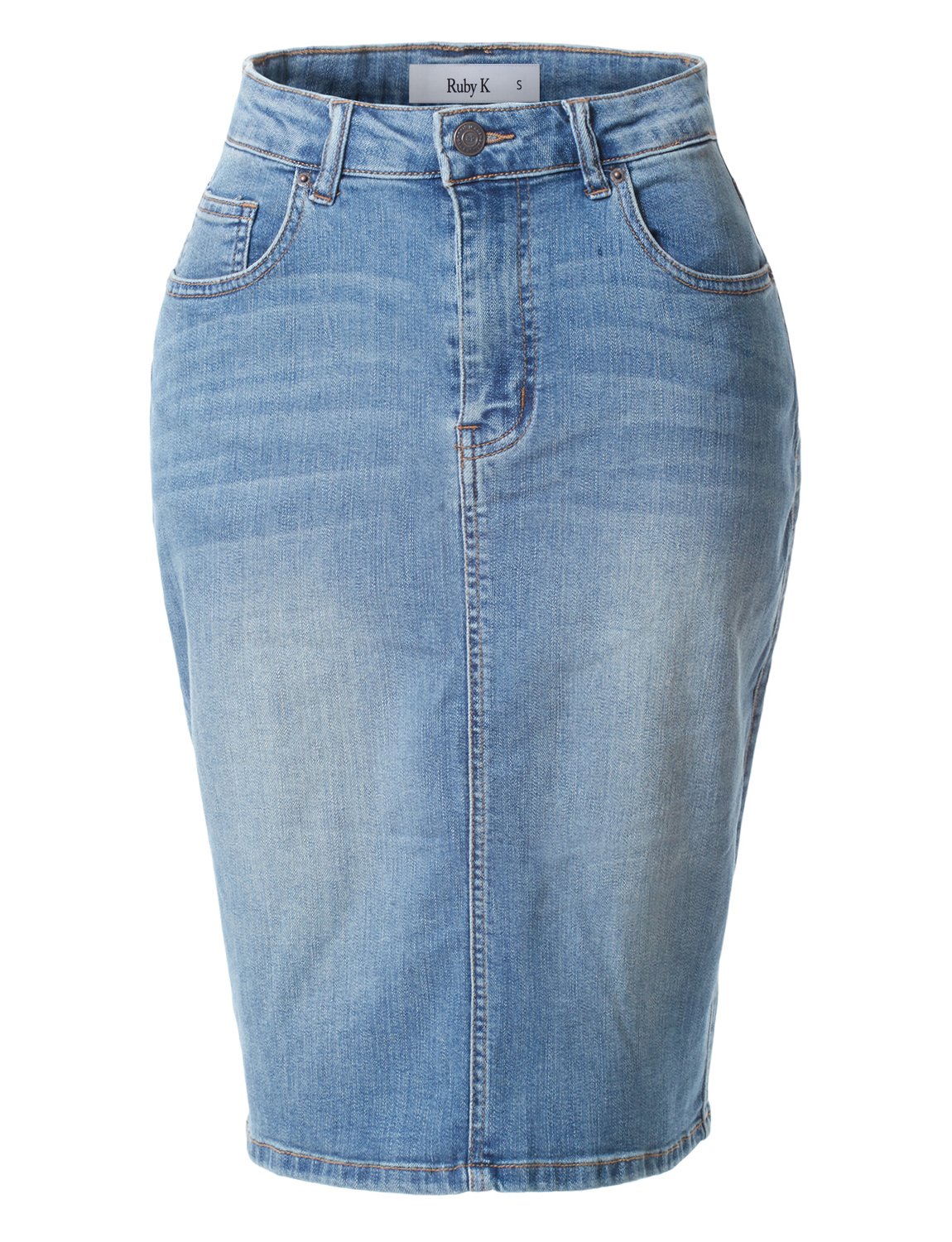 high rise denim pencil skirt