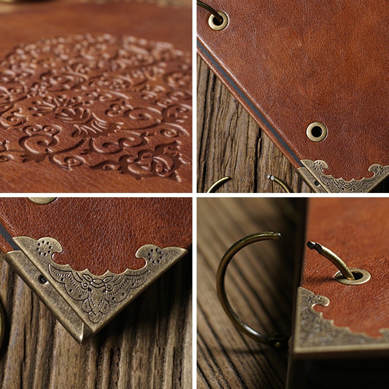 CenterZ Vintage Photo Album DIY Scrapbook - 10x10 inch 50 Pages Double Sided, PU Leather Cover Three-Ring Binder Picture Booth Albums with 6 Colors 306pcs Self Adhesive Photos Corners for Memory Keep