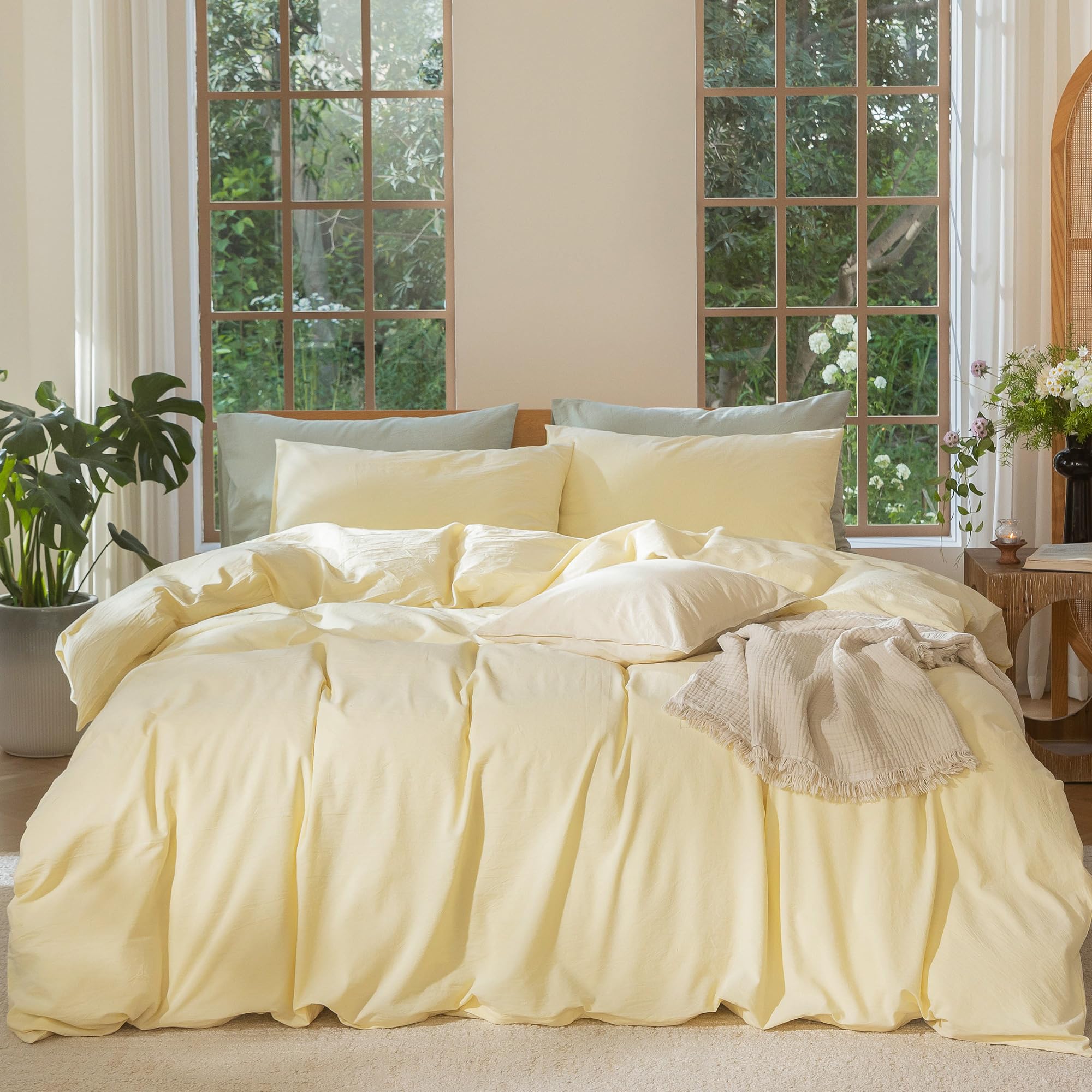 Photo 1 of ** stained **MooMee Bedding Duvet Cover Set 100% Washed Cotton Linen Like Textured Breathable Durable Soft Comfy (Heathered Butter Yellow, Cal King 104"x98")
