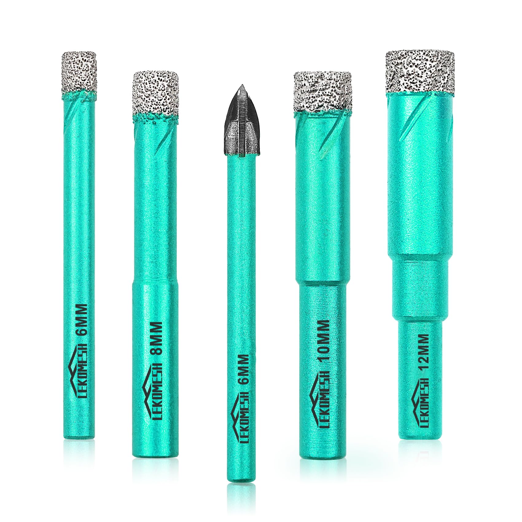 LEKOMESH Diamond Drill Bit Kit - 4pcs 6/8/10/12MM Diamond Hole Saw & 1pc 6MM Carbide Drill with Round Shank for Porcelain Tile Drill Bits for Ceramic Marble Granite Stone Quartz