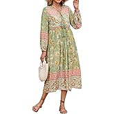 R.Vivimos Women's Long Sleeves Floral Print Retro V Neck Tassel Casual Bohemian Midi Dresses
