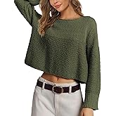 PRETTODAY Women's Crew Neck Knit Sweater Long Sleeve Textured Ribbed Casual Loose Cropped Pullover Tops