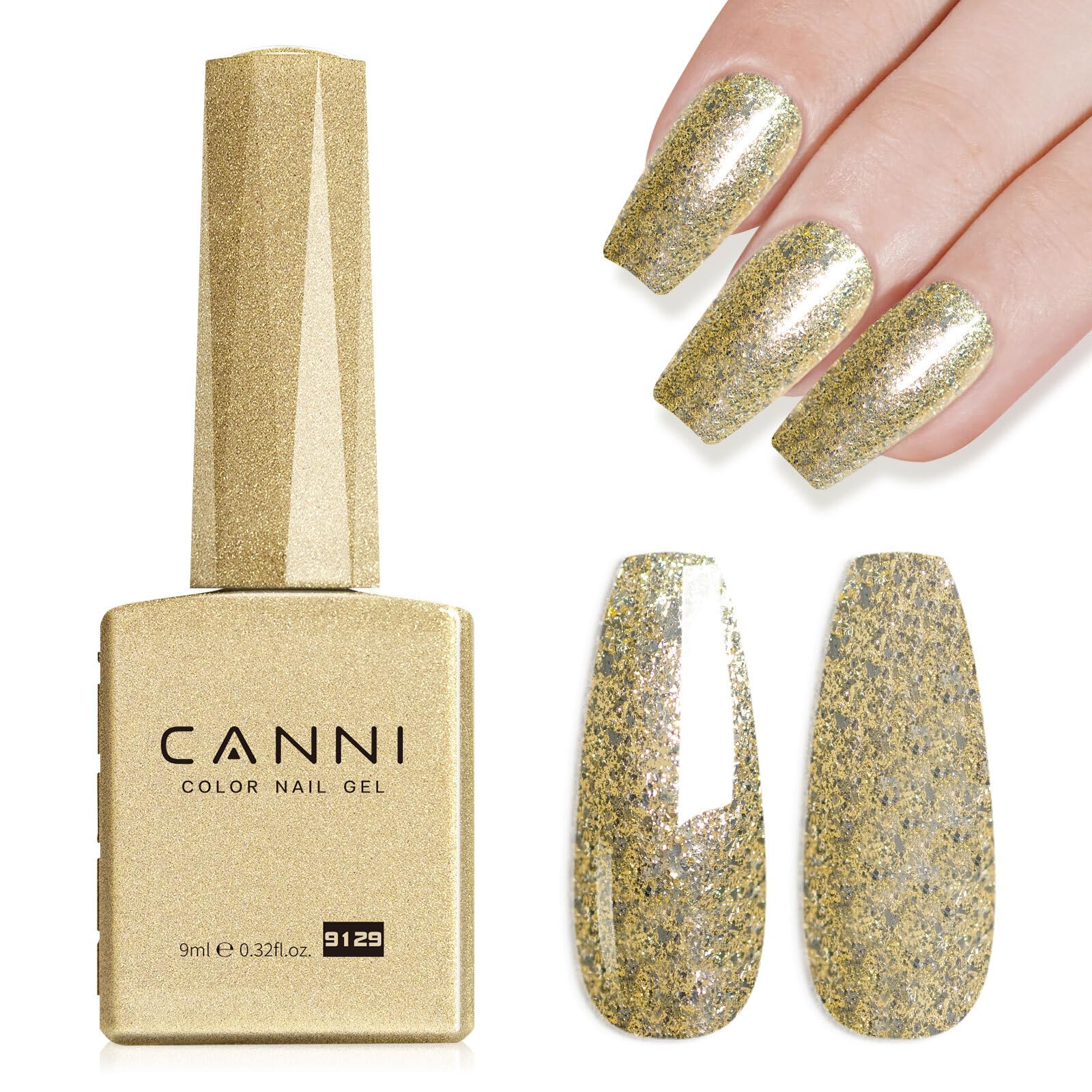 Photo 1 of CANNI Gold Glitter Gel Polish – 9ML Chunky Sparkly Soak-Off UV/LED Nail Gel, Golden Flakes Finish for DIY Manicure, French Tips, or Salon Use