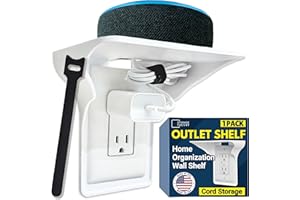 BERATEK INDUSTRIES BeraTek Power Perch Wall Outlet Shelf with Cord Storage Strap - Declutter & Reclaim Bathroom Counter Space - Echo Dot Stand, Homepod Mini Wall Mount, Smart Home Devices Organizer - White, 1-Pack