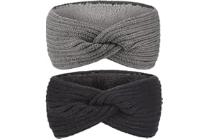 AQOKKA Knit Winter Headbands for Women Fuzzy Wool Fleece Lined Ear Warmers Elastic Turban Crocheted Head Wrap Winter Accessories for Women Cold Weather