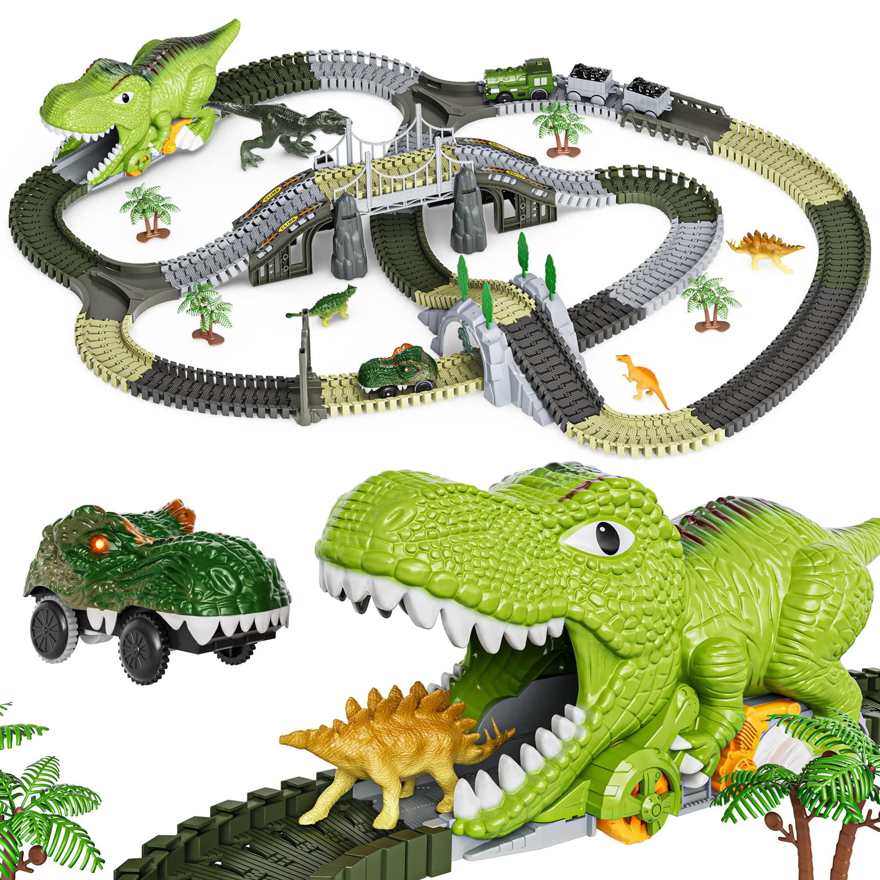 Photo 1 of TUMAMA Dinosaur Toys Race Track, 281 Pcs Dinosaur Train Set for Kids 3-5 5-7, Flexible Train Tracks with 4 Dinosaurs Figures, 2 Electric Race Cars with Light, Create A Dinosaur Road Race for Toddlers