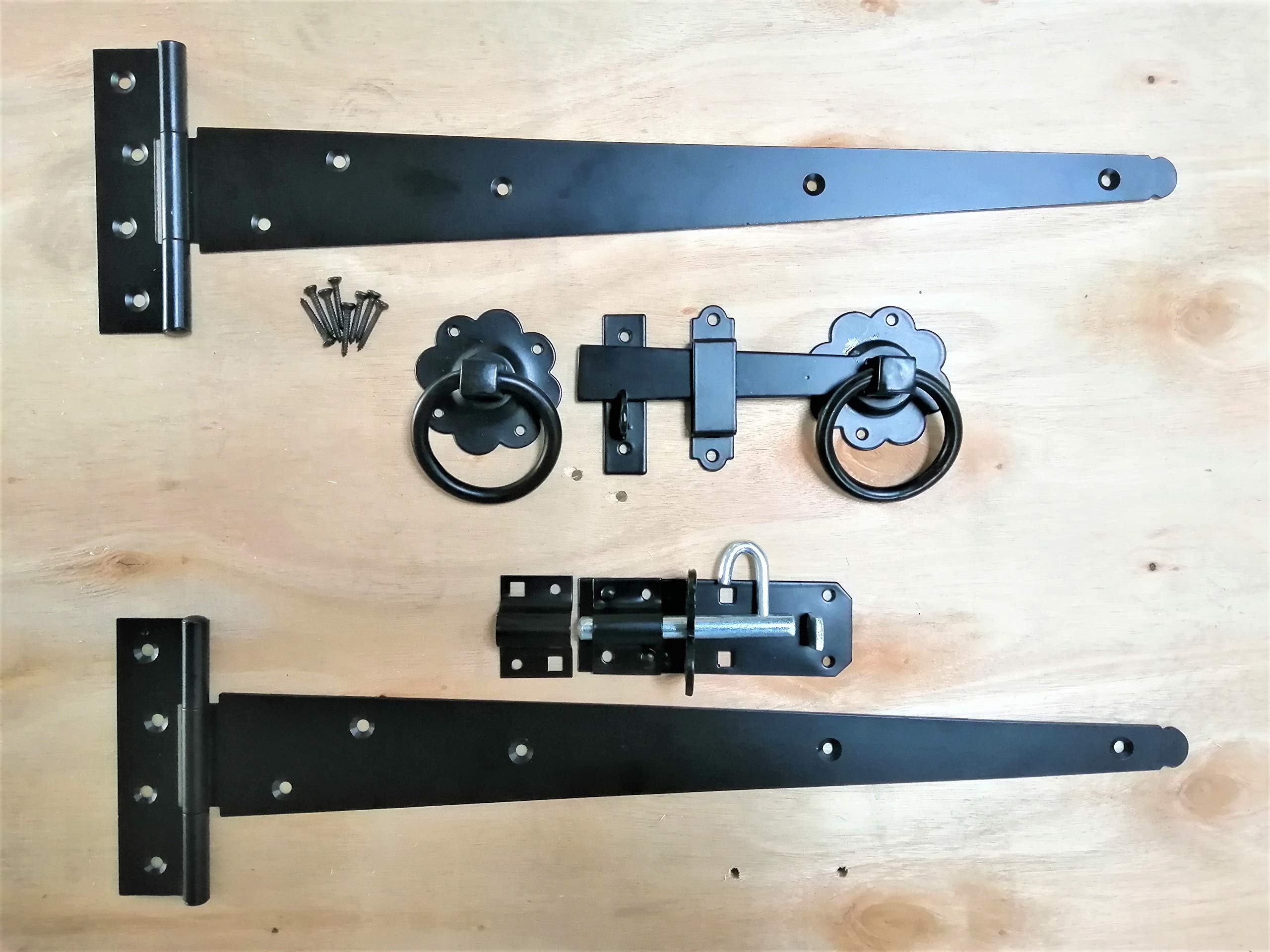 Tee Hinge (2) 18" 450mm Ring Latch Fitting Kit Wooden Garden Gate Set Black, Supplied with All The Fixings