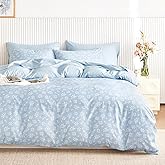 Wake In Cloud - Coquette Duvet Cover Set, Floral Cottagecore Flower Shabby Chic Cute Aesthetic, Soft Lightweight Bedding for Women Teen Girls, 3-Piece, Light Blue, Full Size