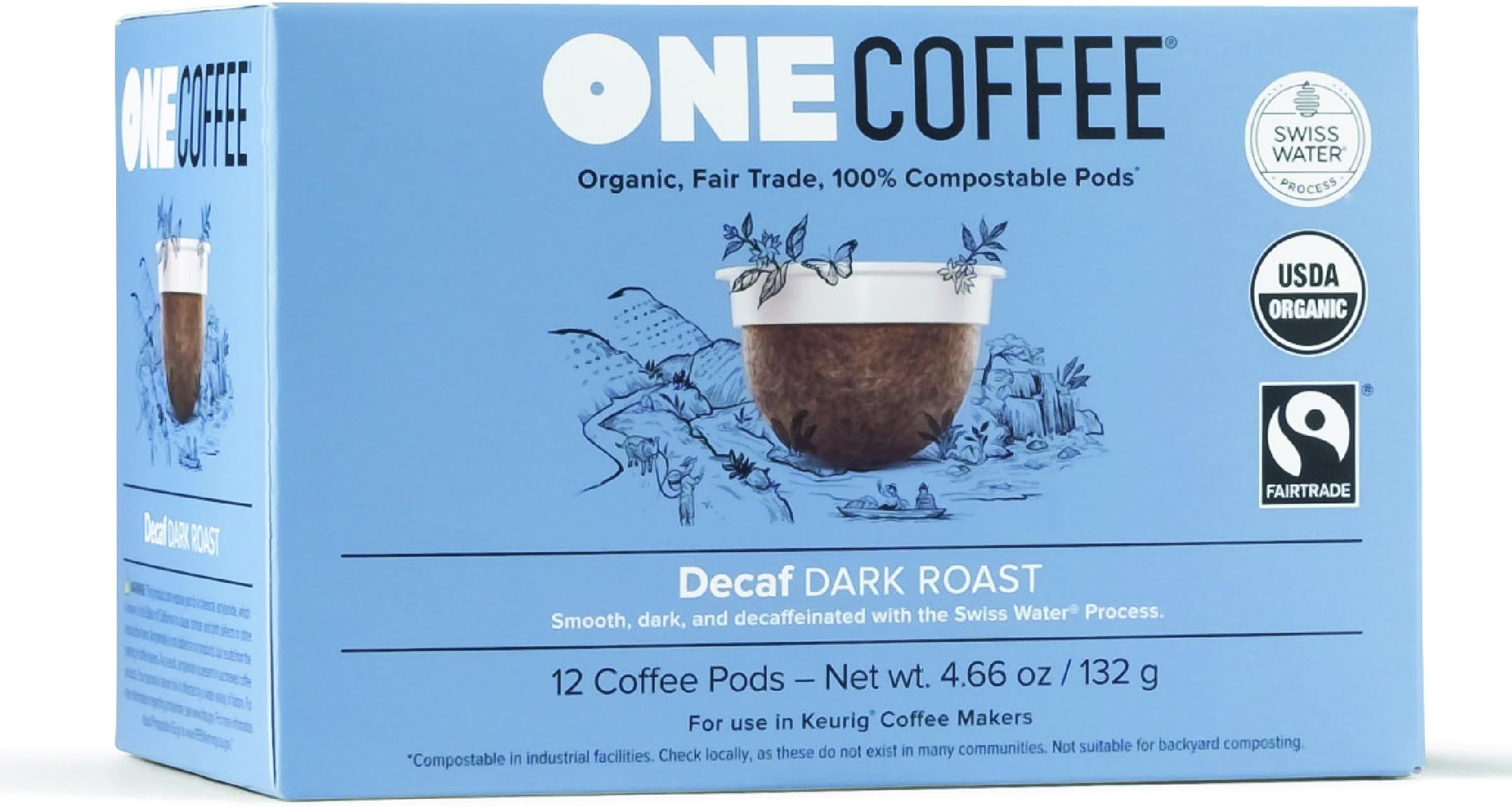 OneCoffeeOrganic Decaf Swiss Water 72 Count Single Serve Coffee 100% Compostable Pods Made for K-Cup Keurig Brewers