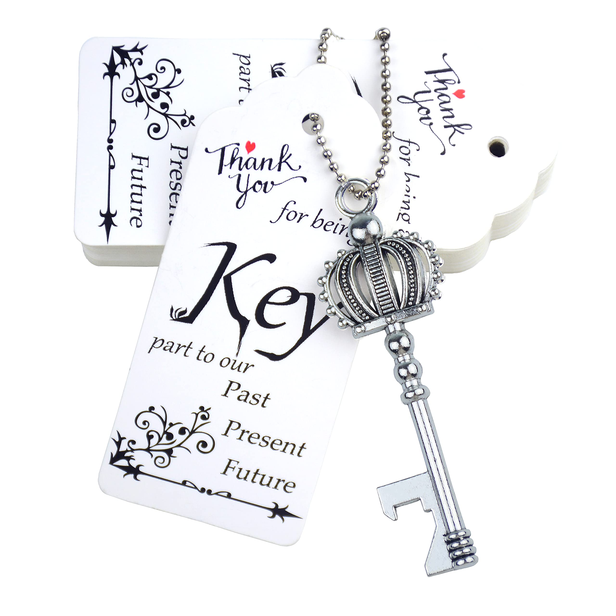 Aokbean 52 pcs Crown Key Bottle Opener with Tag and Keychain,Vintage Skeleton Key Bottle Opener for Wedding Party Favors (Antique Silver)