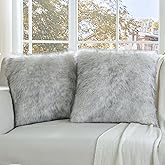 FUTEI Black White Decorative Throw Pillow Covers 18x18 Inch Set of 2,Soft Fluffy Faux Fox Fur Textured Cushion Case,Modern Home Decor for Couch Living Room