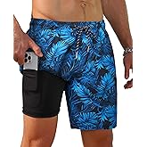 Gleeease 7inch Mens Swim Trunks: 2 in 1 with Compression Liner Pockets Drawstring Quick Dry Stretch Lined Funny Beach Pool