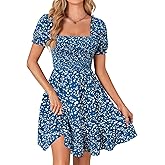 Rooscier Women's Summer Boho Floral Print Square Neck Smocked Ruffle Swing Beach Mini Dress