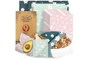 Akeeko Reusable Beeswax Food Wraps - Assorted 9 Packs, Reusable, Plastic-Free Food Storage, 4 Small, 3 Medium, 2 Large Wraps with Boho Flowers Pattern